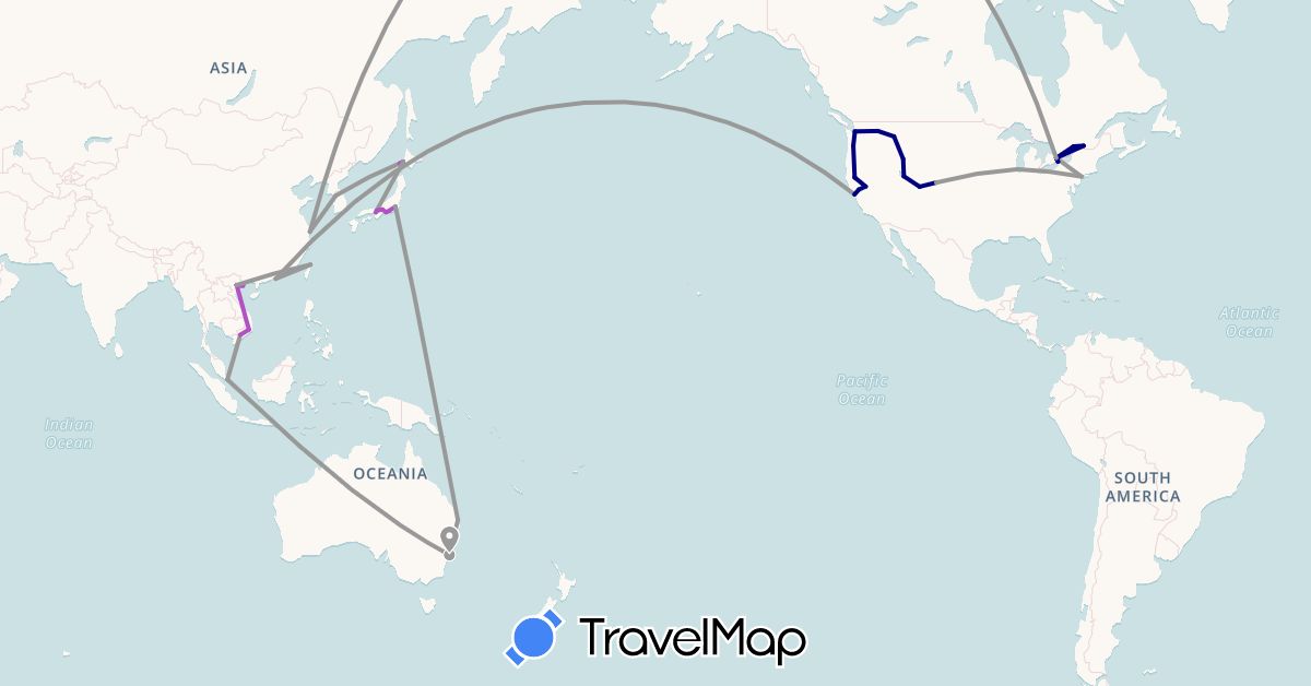 TravelMap itinerary: driving, plane, train in Australia, Canada, China, Hong Kong, Japan, South Korea, Singapore, Taiwan, United States, Vietnam (Asia, North America, Oceania)